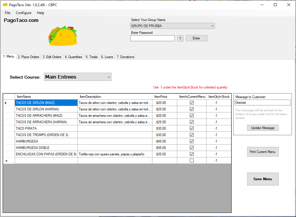 PAGOTACO Main Manu Settings